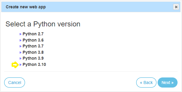 PythonAnywhere-Eingabeaufforderung zur Auswahl der Python-Version für die Webanwendung