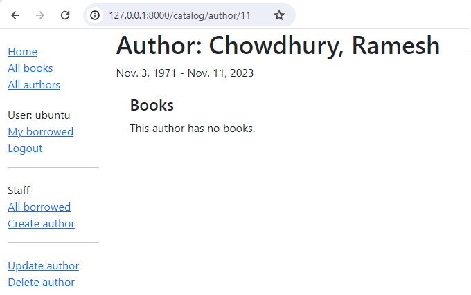 Beispiel für ein Autorendetailformular, das die Links zum Aktualisieren und Löschen anzeigt