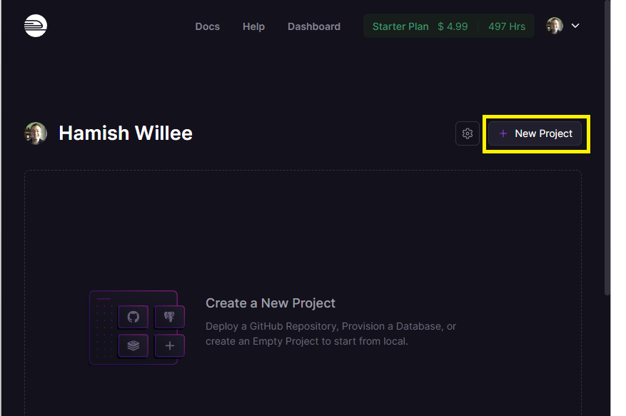 Railway-Website-Dashboard mit hervorgehobener neuer Projekt-Schaltfläche
