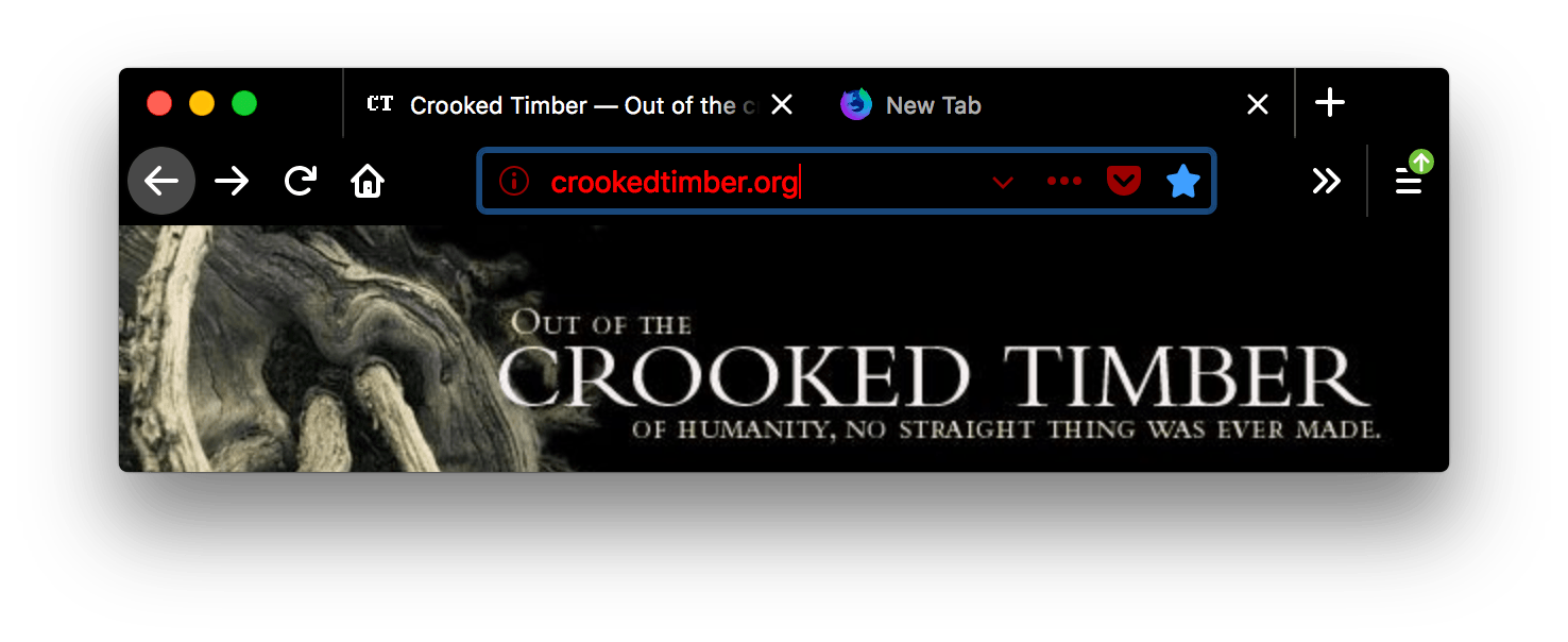 Ein Screenshot eines Browserfensters mit zwei geöffneten Tabs. Der Browser ist schwarz. Die Tabs und die URL-Leiste des Browsers sind schwarz mit weißem Text und Symbolen. Die URL-Leiste hat den Fokus; der Text und die Symbole der Leiste sind rot mit schwarzem Hintergrund.
