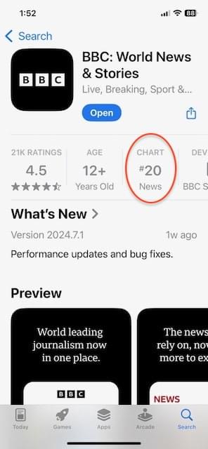 BBC-App-Übersicht im Apple App Store. CHART-Feld ist rot umkreist, um die Kategorie News zu zeigen.