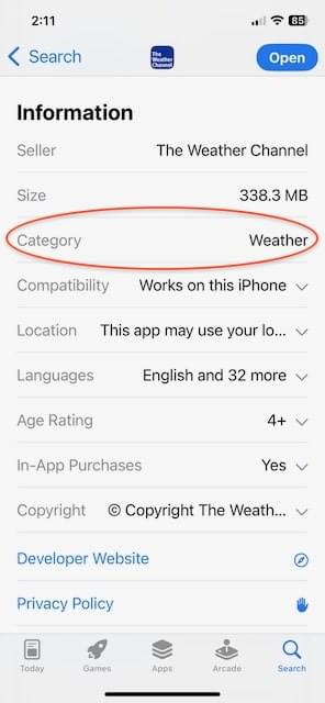 Weather-App-Informationsbereich mit im Rotkreis hervorgehobenem Category-Feld, das Weather zeigt