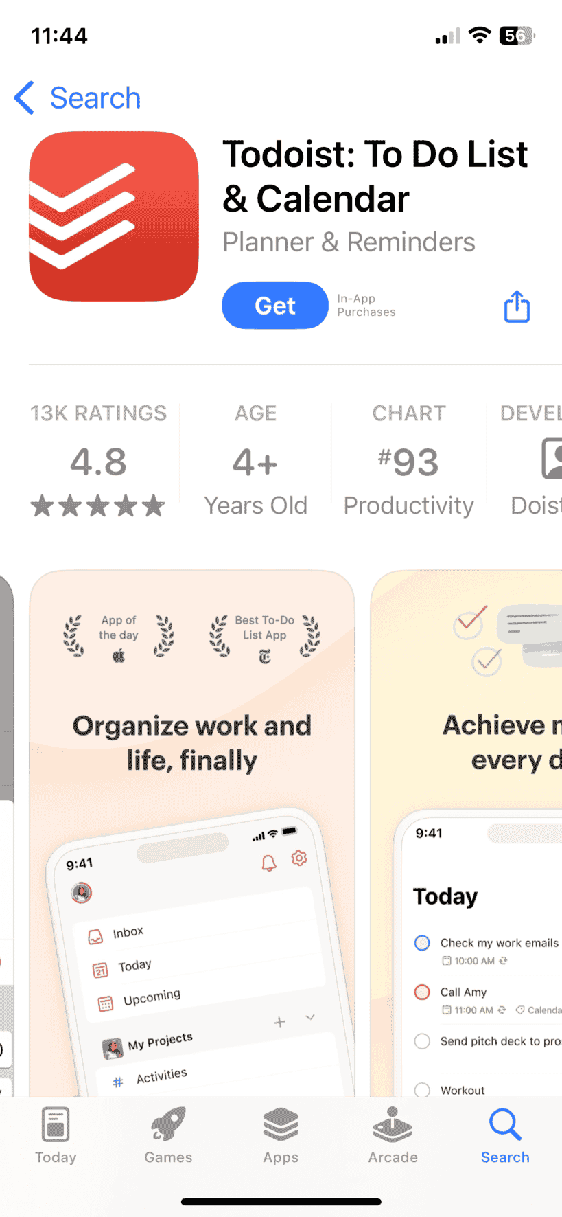 Todoist-App im Apple App Store zeigt eine horizontale Galerie von App-Bildern, durch die Benutzer scrollen können