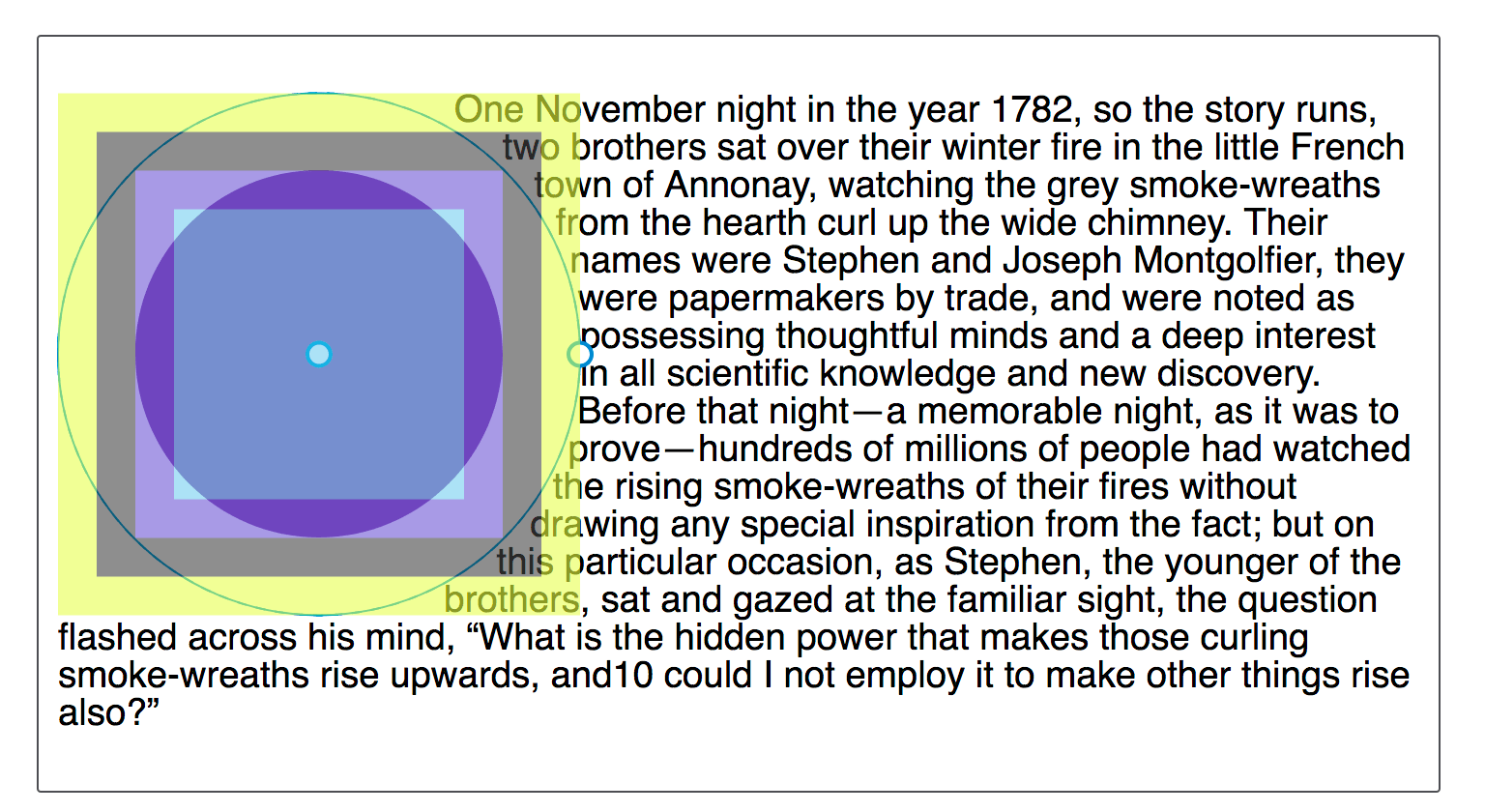 Une image montrant un cercle inspecté avec l'inspecteur de formes de Firefox DevTools. Les différentes parties du modèle de boîte sont mises en évidence.